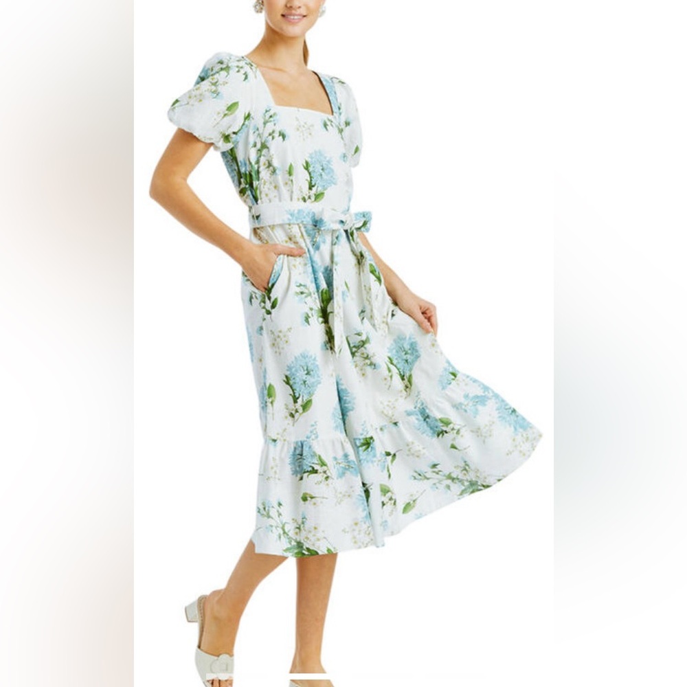 Square-Neck White Midi Dress with Blue Floral Print